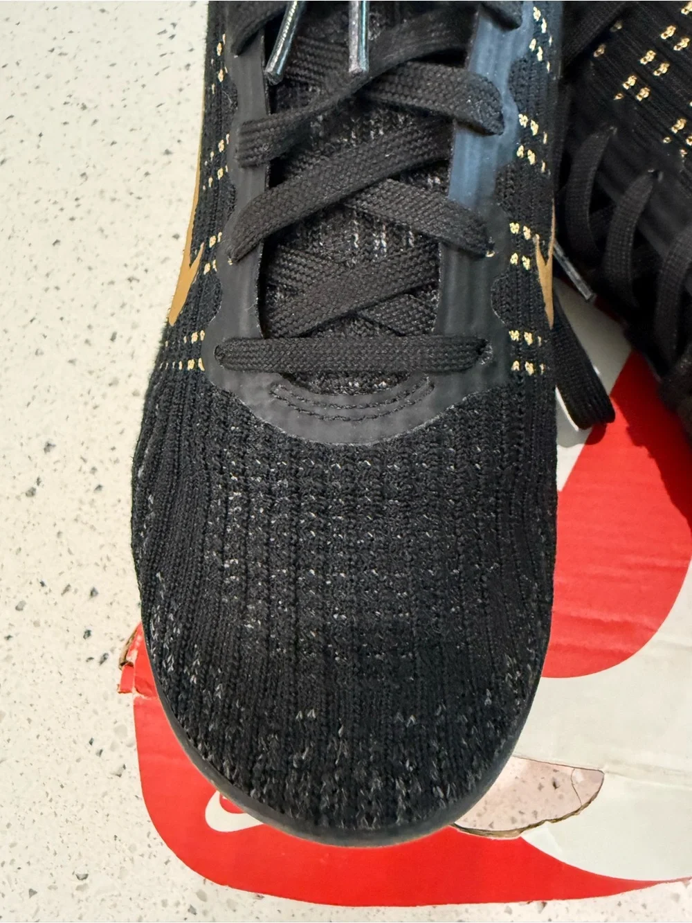 Women’s Sz 7 Nike Black Knit Shoes with Gold Swoosh